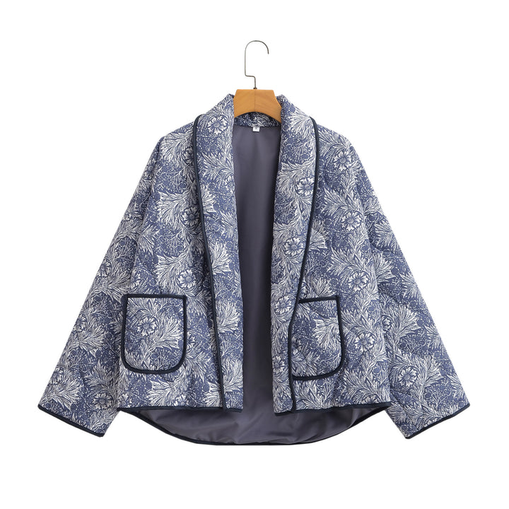 Damen Kurz geschnittene Steppjacke im Vintage-Blumenmuster mit Schalkragen und Kontrastpaspel Drune