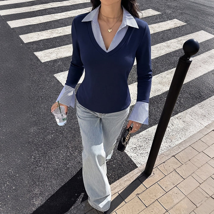 Damen Elegantes Longsleeve-Oberteil mit Hemdkragen Drune