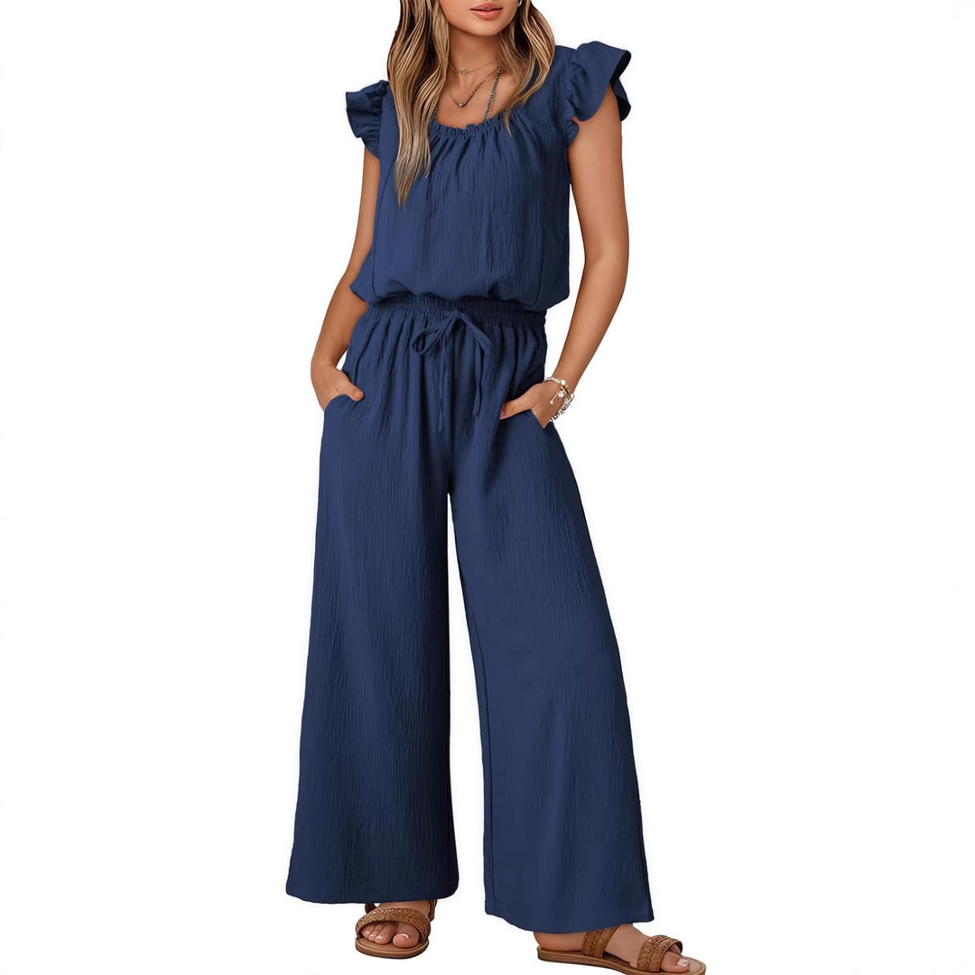 Damen Crinkle-Overall mit weitem Bein, elastischem Taillenbund und Rüschenärmeln Drune