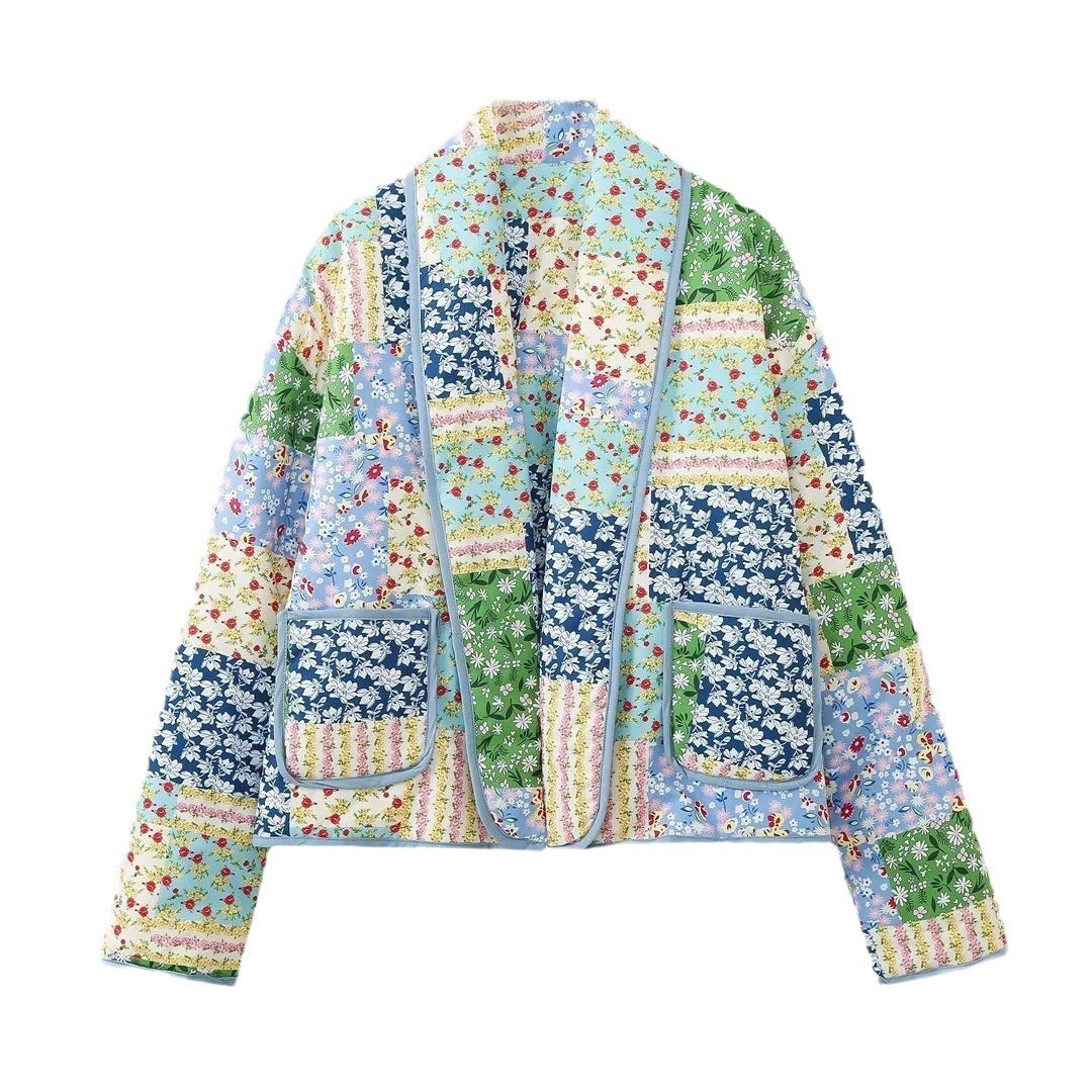 Damen Kurz geschnittene gesteppte Patchworkjacke mit aufgesetzten Taschen Drune