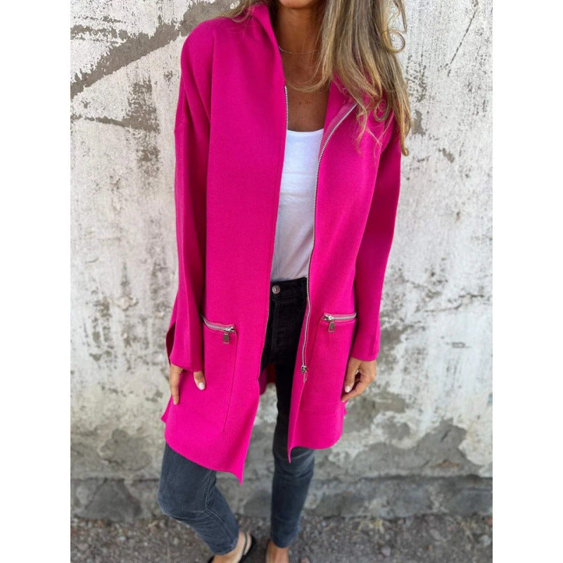 Damen Kapuzen-Longcardigan mit durchgehendem Reißverschluss und Ziertaschen Drune