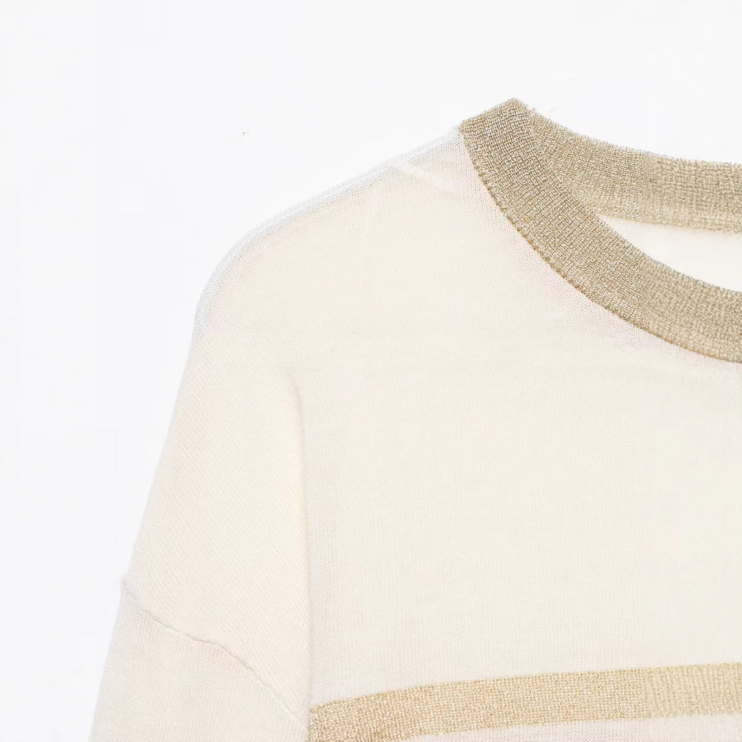 Damen Leichter gestreifter Feinstrickpullover mit Metallic‑Streifen und Rundhalsausschnitt Drune