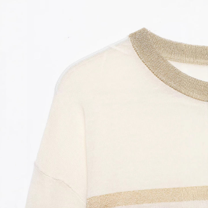 Damen Leichter gestreifter Feinstrickpullover mit Metallic‑Streifen und Rundhalsausschnitt Drune