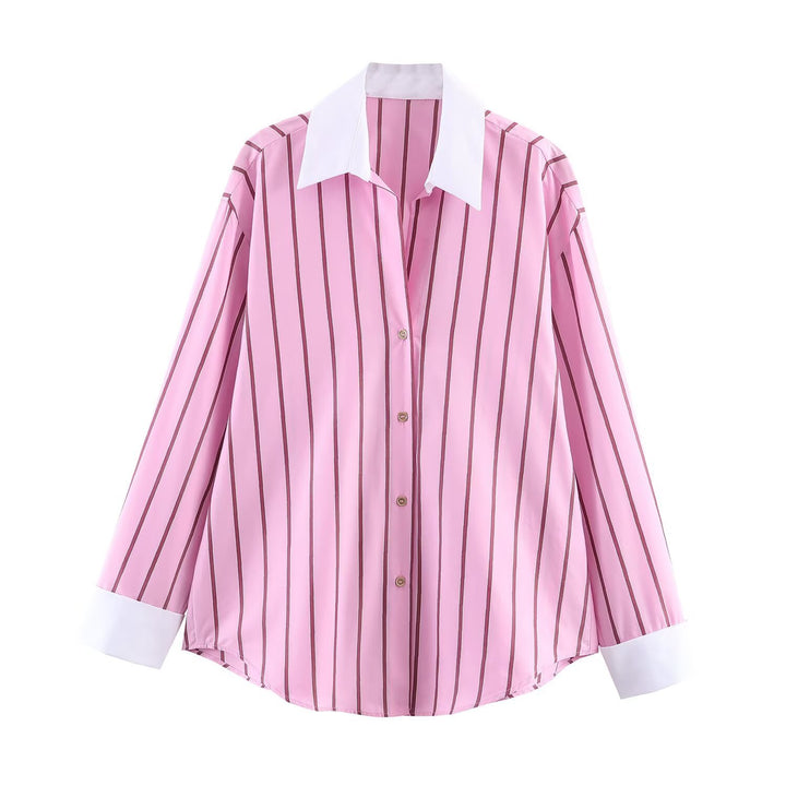 Damen Oversize-Hemdbluse mit Kontrastkragen, Manschetten und vertikalem Streifenmuster Drune