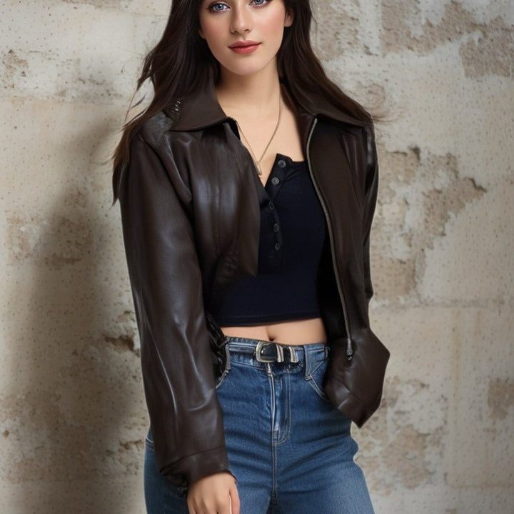 Damen Kurz geschnittene PU-Jacke im Blouson-Stil mit Hemdkragen und tailliertem Gummibund Drune