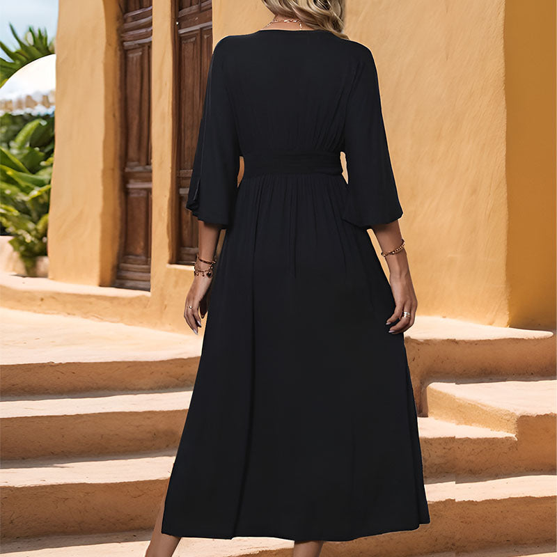 Damen Maxikleid mit V-Ausschnitt, geraffter Smoktaillenpartie und dreiviertelärmeln Drune