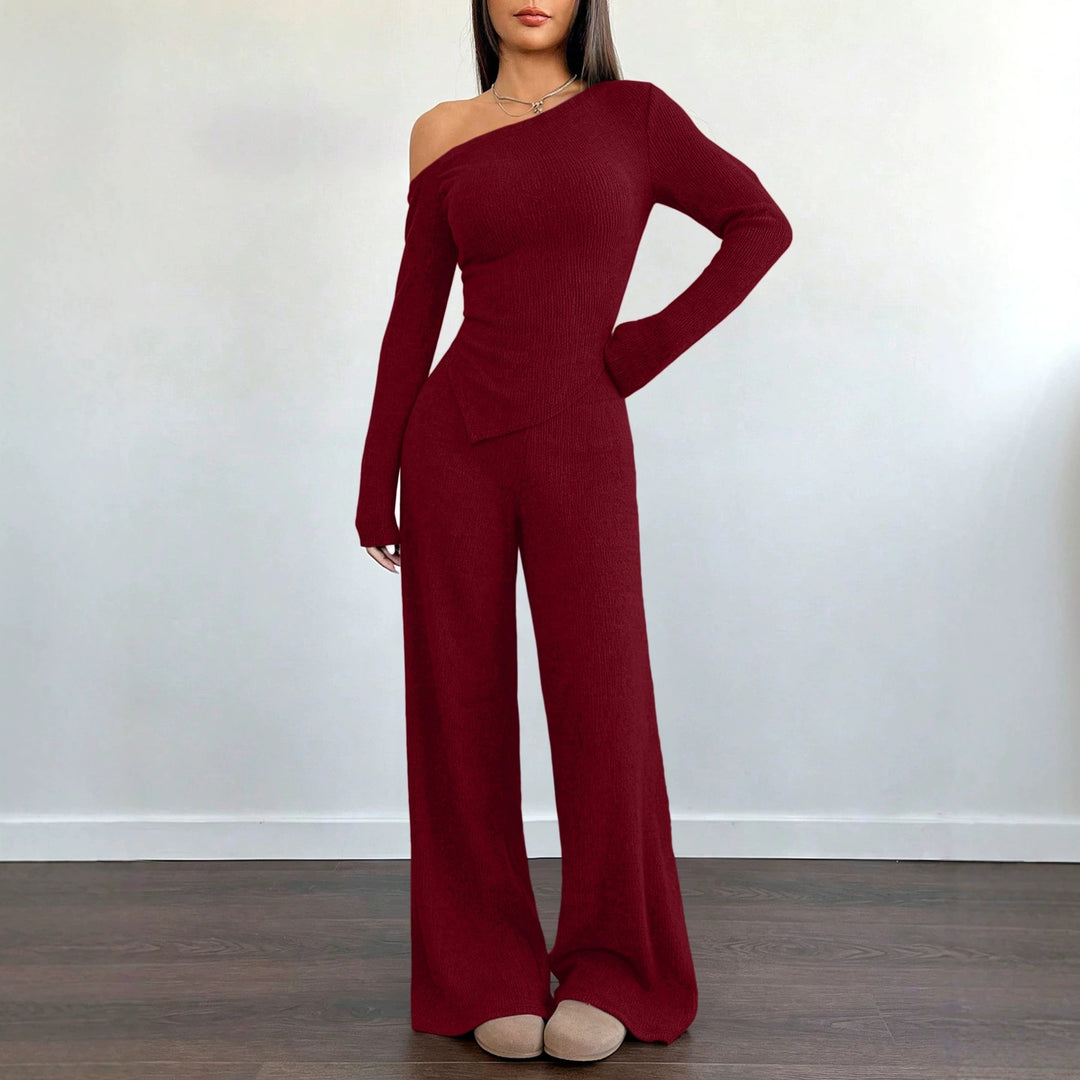 Damen Asymmetrisches Strick-Lounge-Set mit One-Shoulder-Oberteil und weitem Bein Drune
