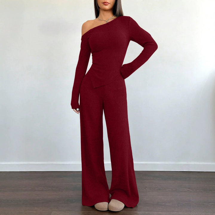 Damen Asymmetrisches Strick-Lounge-Set mit One-Shoulder-Oberteil und weitem Bein Drune