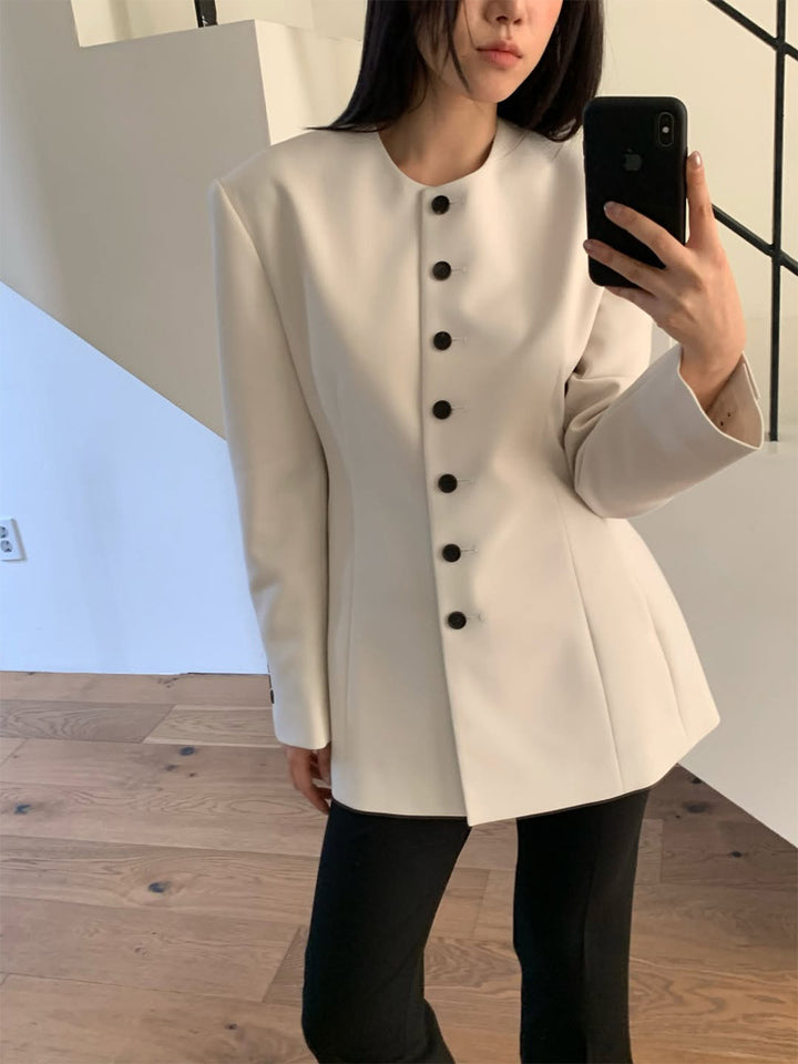 Damen Taillierter Blazer mit skulpturaler Schulter, Rundhalsausschnitt und Kontrastknopfleiste Drune