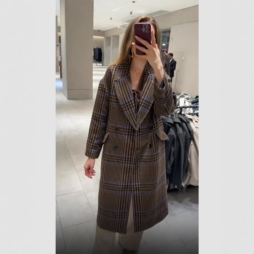 Damen Maxilanger Oversize-Doppelreihiger Mantel mit betonter Schulter und Pattentaschen Drune