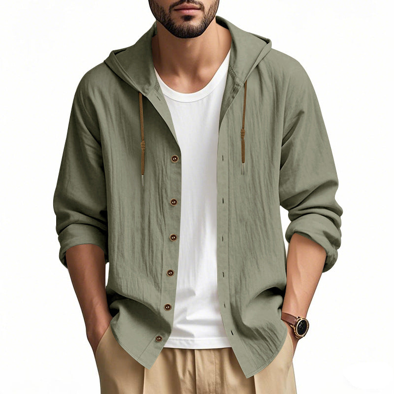 Herren nan leichtes Kapuzenhemdjacke aus Leinenoptik mit durchgehender Knopfleiste Drune