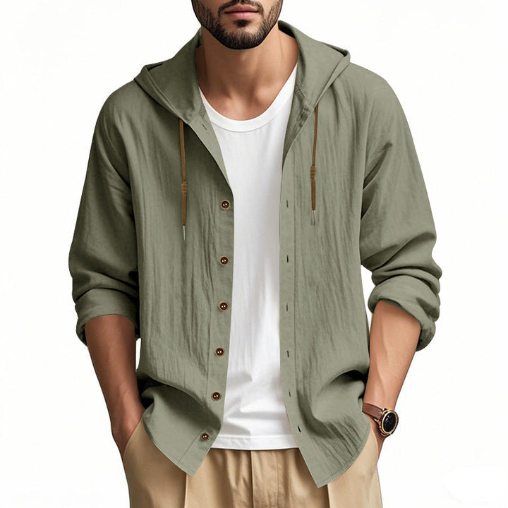 Herren nan leichtes Kapuzenhemdjacke aus Leinenoptik mit durchgehender Knopfleiste Drune