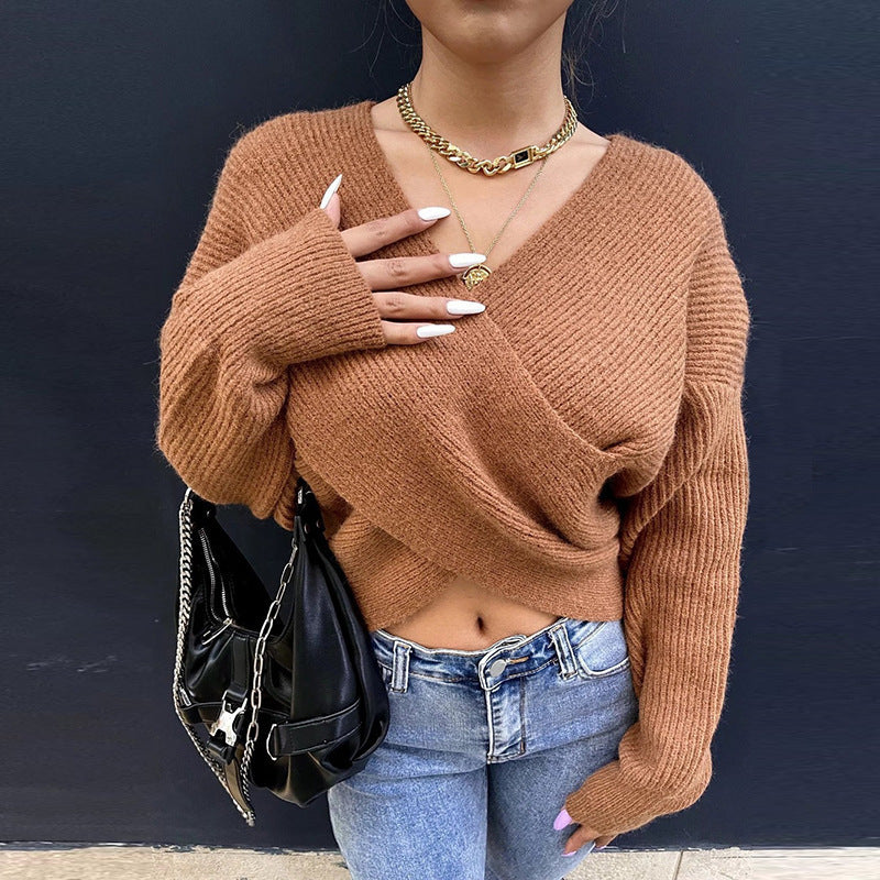 Damen stilvoller Wickelpullover mit innovativem Schnitt und breiten Ärmeln Drune