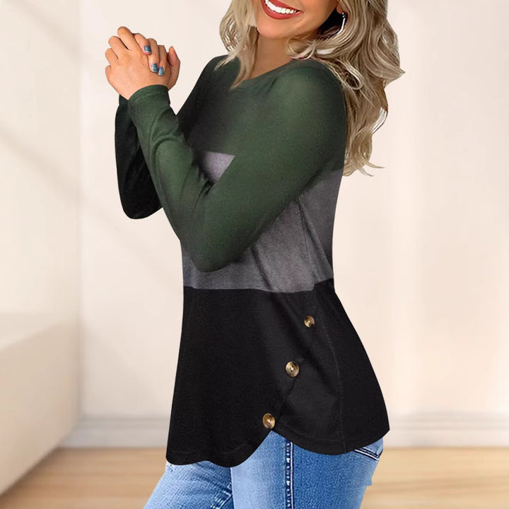 Damen Langarm-Colorblock-Shirt mit rundem Saum und seitlichem Knopfdetail Drune