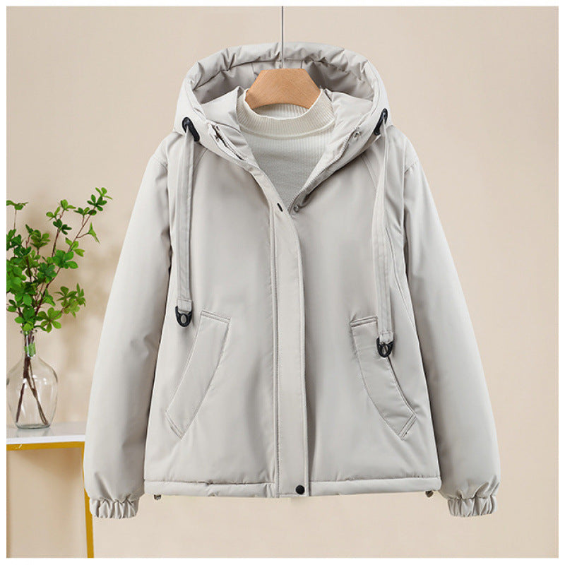 Damen Kurze Thermo-Kapuzenjacke mit Tunnelzug, Winddichter Außenhülle und elastischen Bündchen Drune