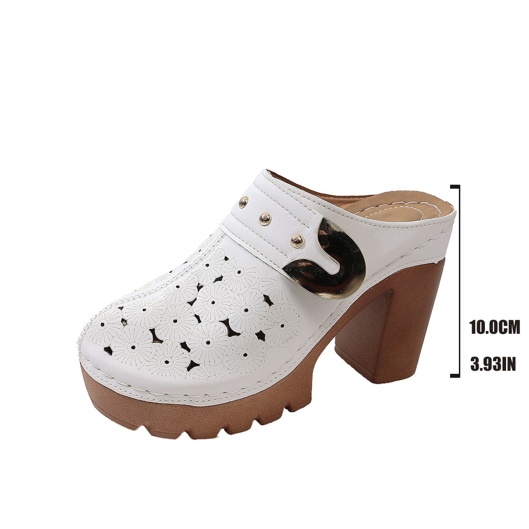 Damen Plateau-Clogs mit floralem Perforationsmuster, dekorativer Metallschnalle und hohem Blockabsatz Drune