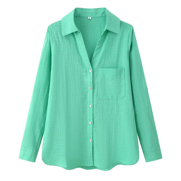 Damen Leichte Oversize-Leinenbluse mit Brusttasche und Hemdkragen Drune