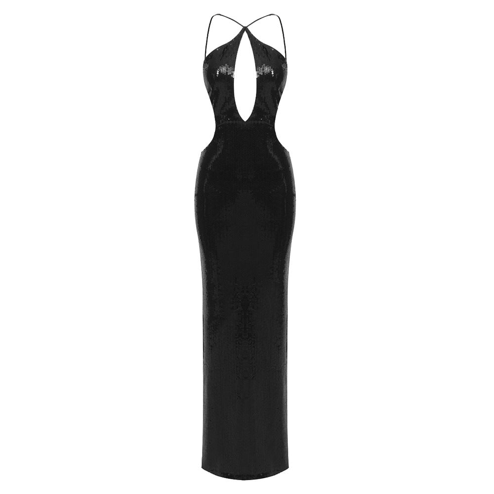 Damen Elegantes Abendkleid mit tiefem V-Ausschnitt und schimmerndem Material Drune