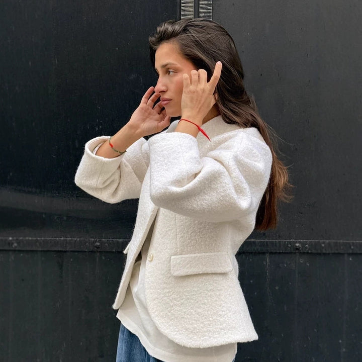 Damen Kurzjacke im Bouclé-Stil mit Oversize-Ärmeln und Pattentaschen Drune