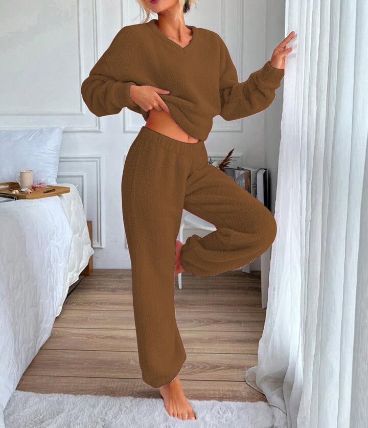 Damen Kuscheliges Freizeit-Loungewear-Set mit V-Ausschnitt Drune