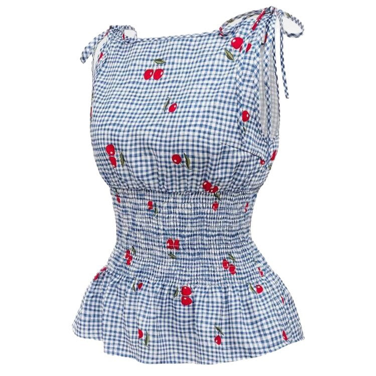 Damen Bluse mit floralem Karo-Muster und Rüschensaum Drune