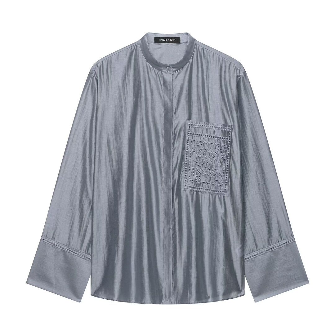 Damen Oversize Seidenoptik-Bluse mit Stehkragen und bestickter Brusttasche Drune