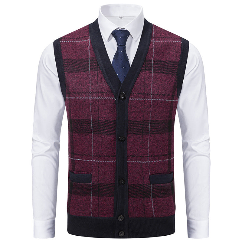 Herren Ärmellose Strickweste mit Rauten‑Muster, V‑Ausschnitt und Knopfleiste Drune