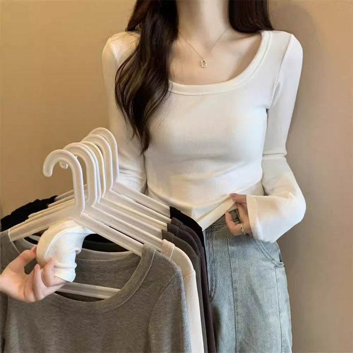 Damen figurbetontes Langarmshirt mit weitem Ausschnitt Drune