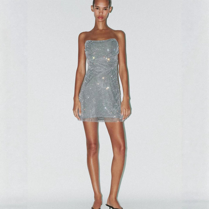 Damen Glitzerndes Cocktailkleid mit schulterfreiem Design und funkelnden Pailletten Drune