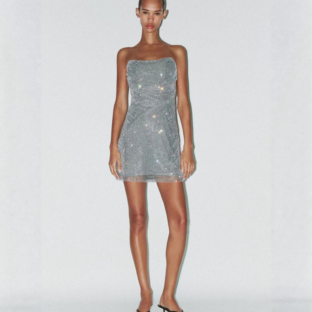 Damen Glitzerndes Cocktailkleid mit schulterfreiem Design und funkelnden Pailletten Drune