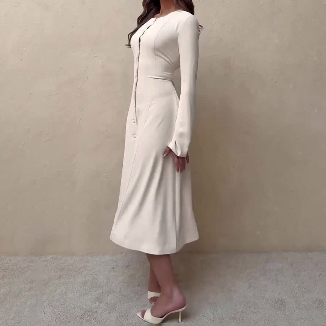 Damen Langärmeliges Midikleid im A Linien Schnitt mit durchgehender Knopfleiste Drune