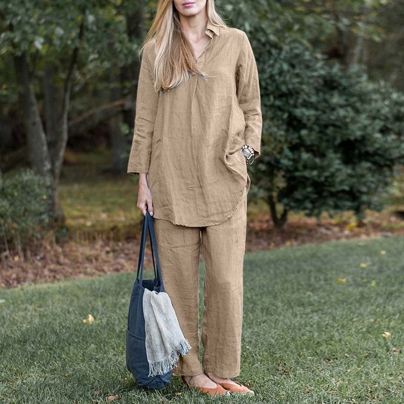 Damen Leinen-Loungewear-Set mit weitem Tunika-Hemd und lockerer Palazzo-Hose Drune
