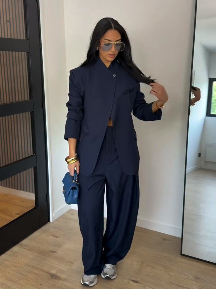 Damen Zweiteiliges Oversize-Sakko mit Stehkragen und weite Bundfaltenhose Drune