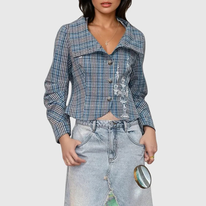 Damen Karierte Kurzjacke mit stilvollen Knöpfen Drune