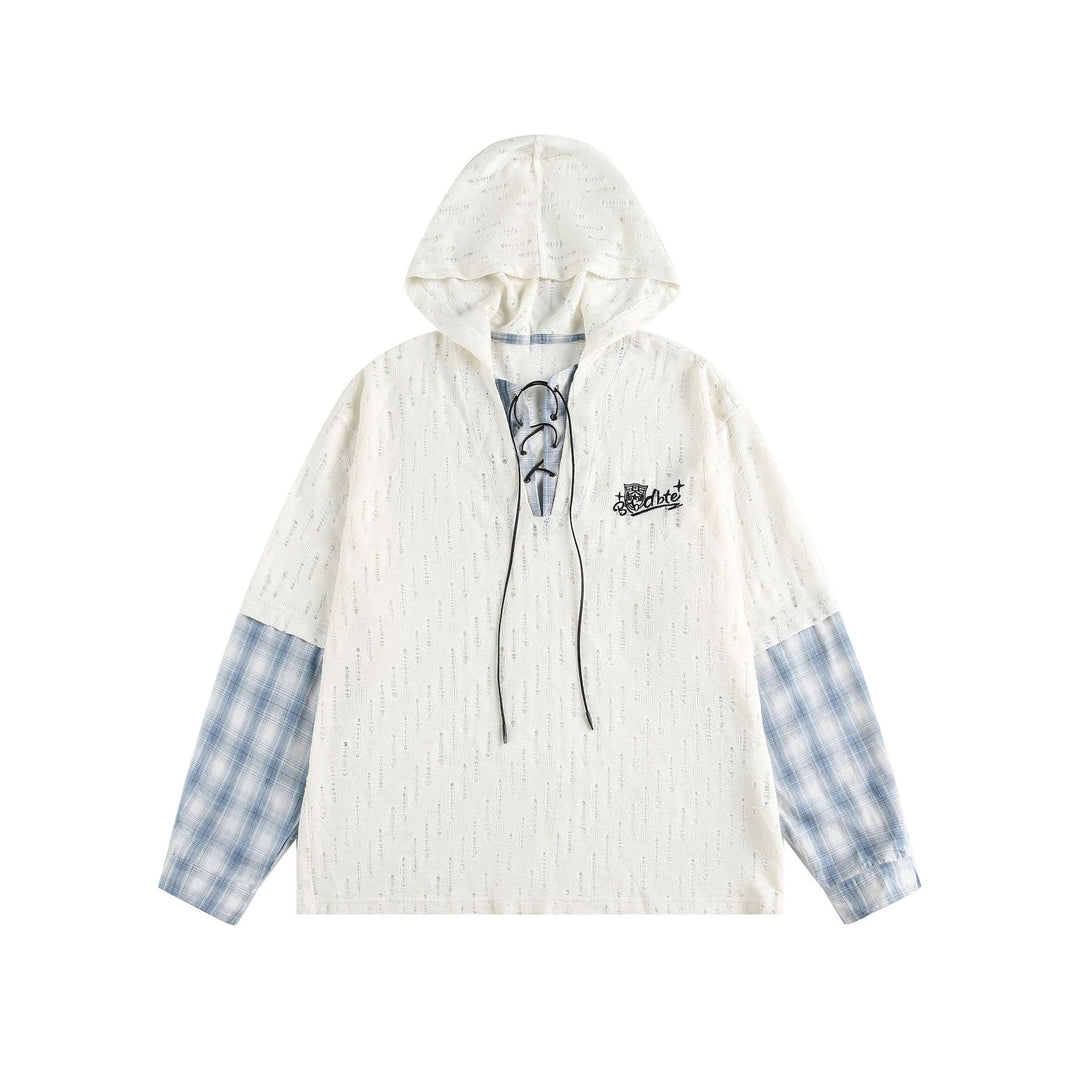 Unisex Lässiger Kapuzenpullover im Layering-Look mit Schnür‑V‑Ausschnitt Drune