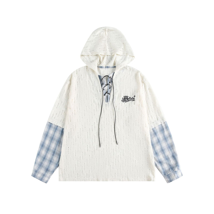Unisex Lässiger Kapuzenpullover im Layering-Look mit Schnür‑V‑Ausschnitt Drune
