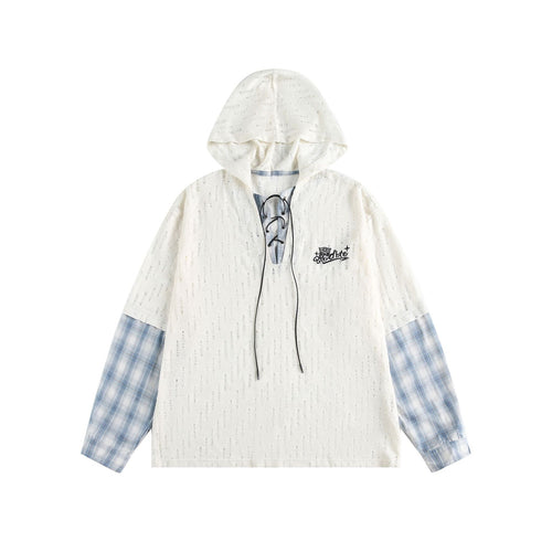 Unisex Lässiger Kapuzenpullover im Layering-Look mit Schnür‑V‑Ausschnitt Drune
