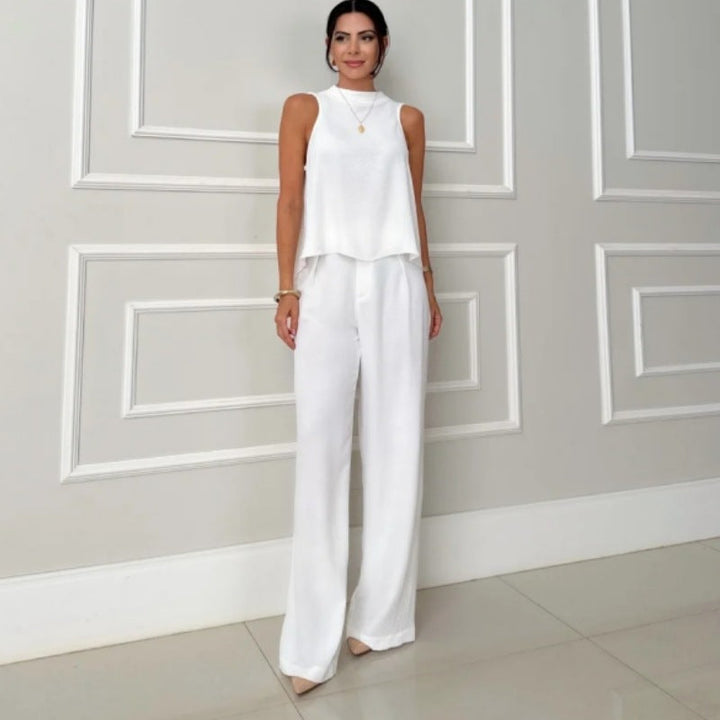 Damen elegantes Set aus lässigem Oberteil und hochsitztender Hose Drune