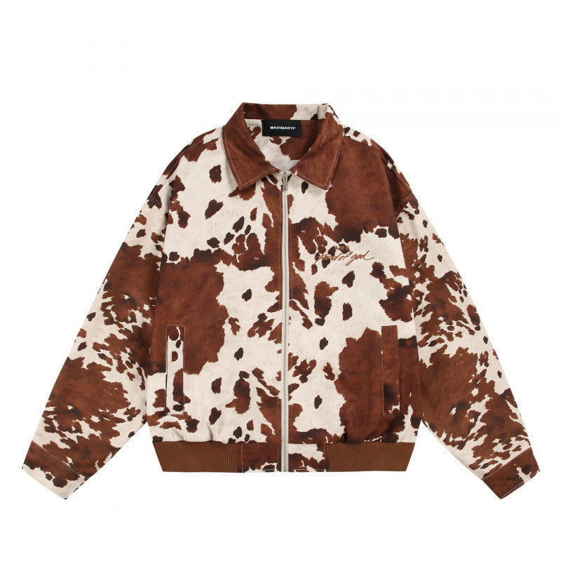 Unisex Boxy-Bomberjacke mit Kuhmuster, Reißverschluss und Rippbund Drune