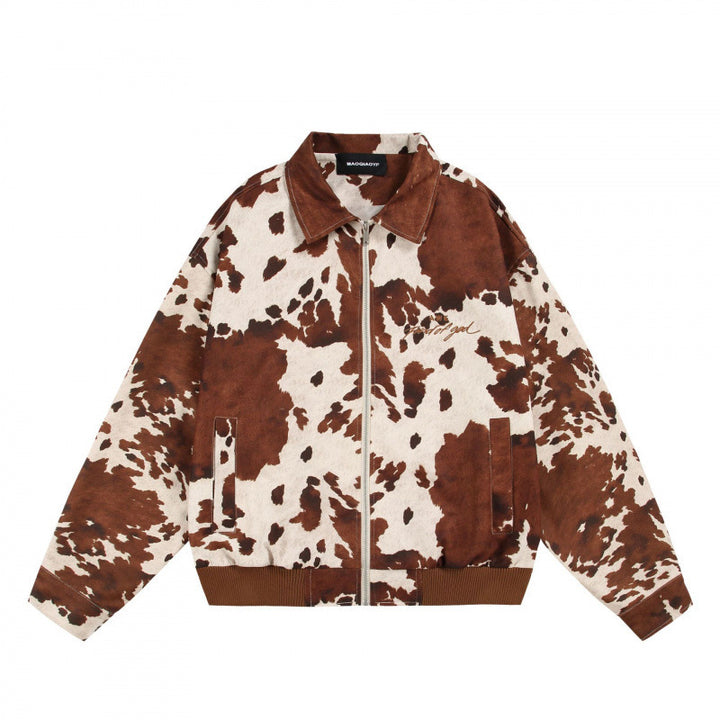 Unisex Boxy-Bomberjacke mit Kuhmuster, Reißverschluss und Rippbund Drune