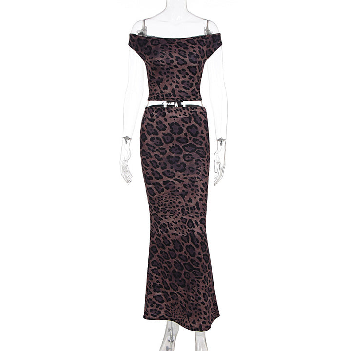 Damen Elegantes Maxikleid mit schulterfreiem Design und Leopardenmuster Drune