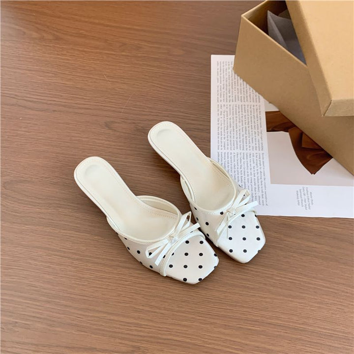 Damen Quadratische Slip-On Mules mit Punktmuster, feiner Zierschleife und Komfortfußbett Drune