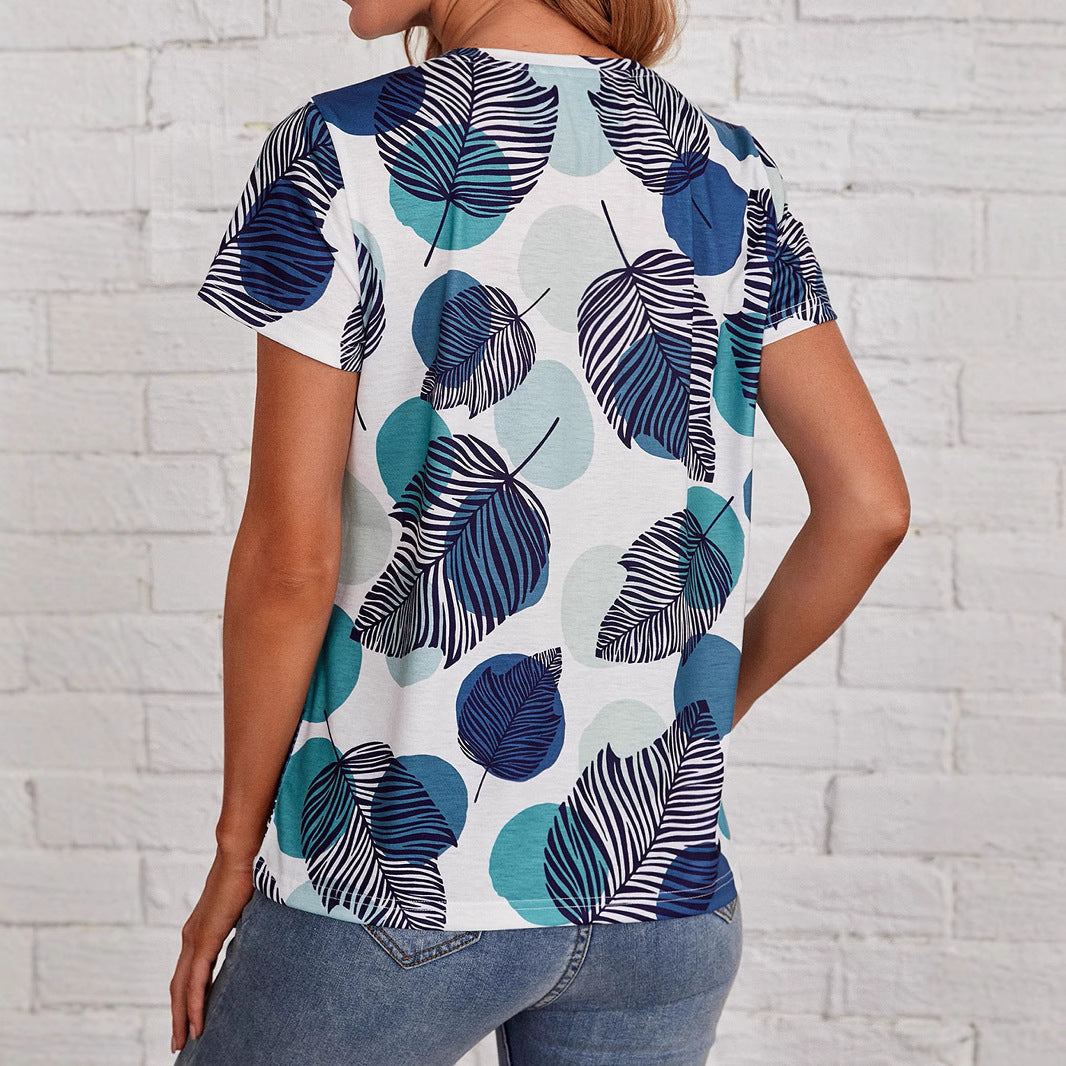 Damen Kurzarm-T-Shirt mit modernem Blattdruck Drune