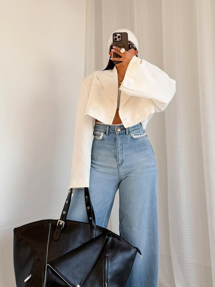 Damen Cropped-Boxy Kurzblazer mit kastiger Silhouette und überlangen Ärmeln Drune