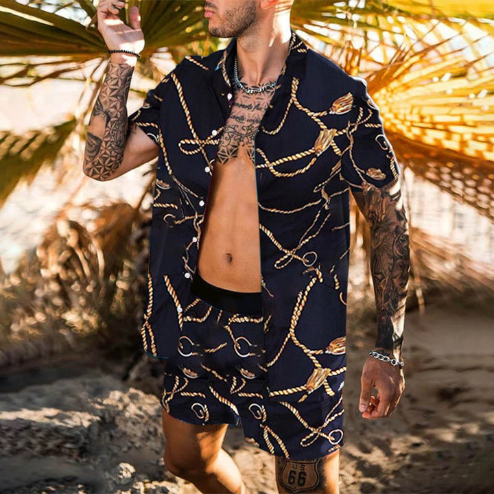 Herren nan barockgemustertes Kurzarm-Hemd mit passender locker geschnittener Shorts Drune