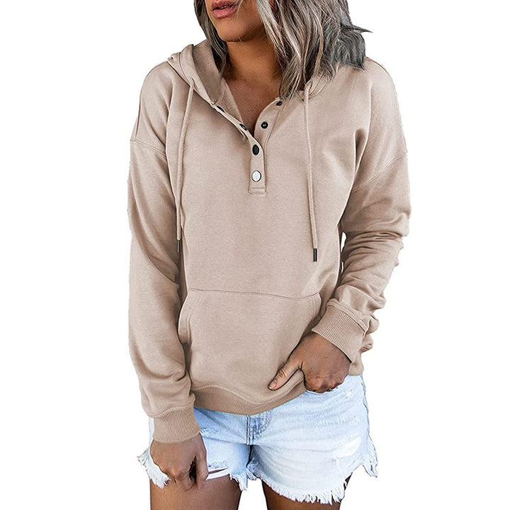 Damen Kapuzenpullover mit Henley-Knopfleiste, Kängurutasche und lockerer Passform Drune