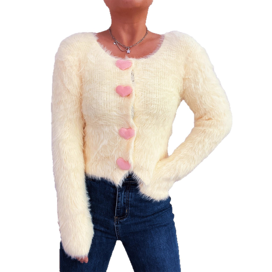 Damen flauschiger Cardigan mit Herzknöpfen Drune
