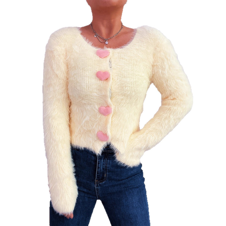 Damen flauschiger Cardigan mit Herzknöpfen Drune