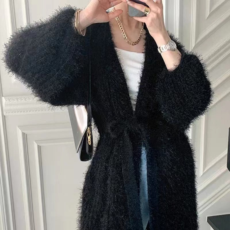 Damen Stylischer Cardigan aus feinem Mohair-Mix mit Bindegürtel Drune