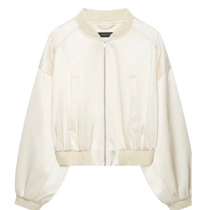 Damen Leichte Cropped Bomberjacke aus Satinoptik mit Rippenbündchen und überschnittener Schulter Drune